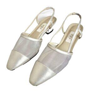 VTG 90s JESSICA Silver Metallic Leather Mesh Slingback Heels Size 10 Pointed